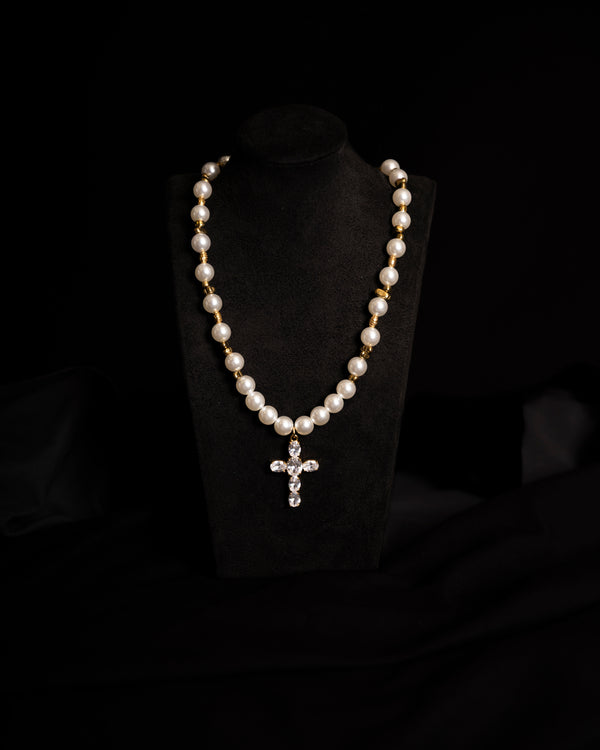 White Pearl Dual Cross Necklace