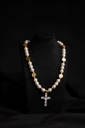 Zirconia Cross, White Pearl & Golden Necklace