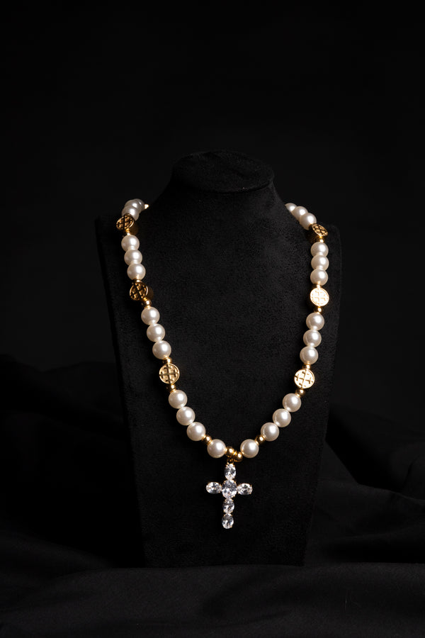 Zirconia Cross, White Pearl & Golden Necklace