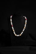 White Pearl, Red Zirconia & Beige Flower Necklace