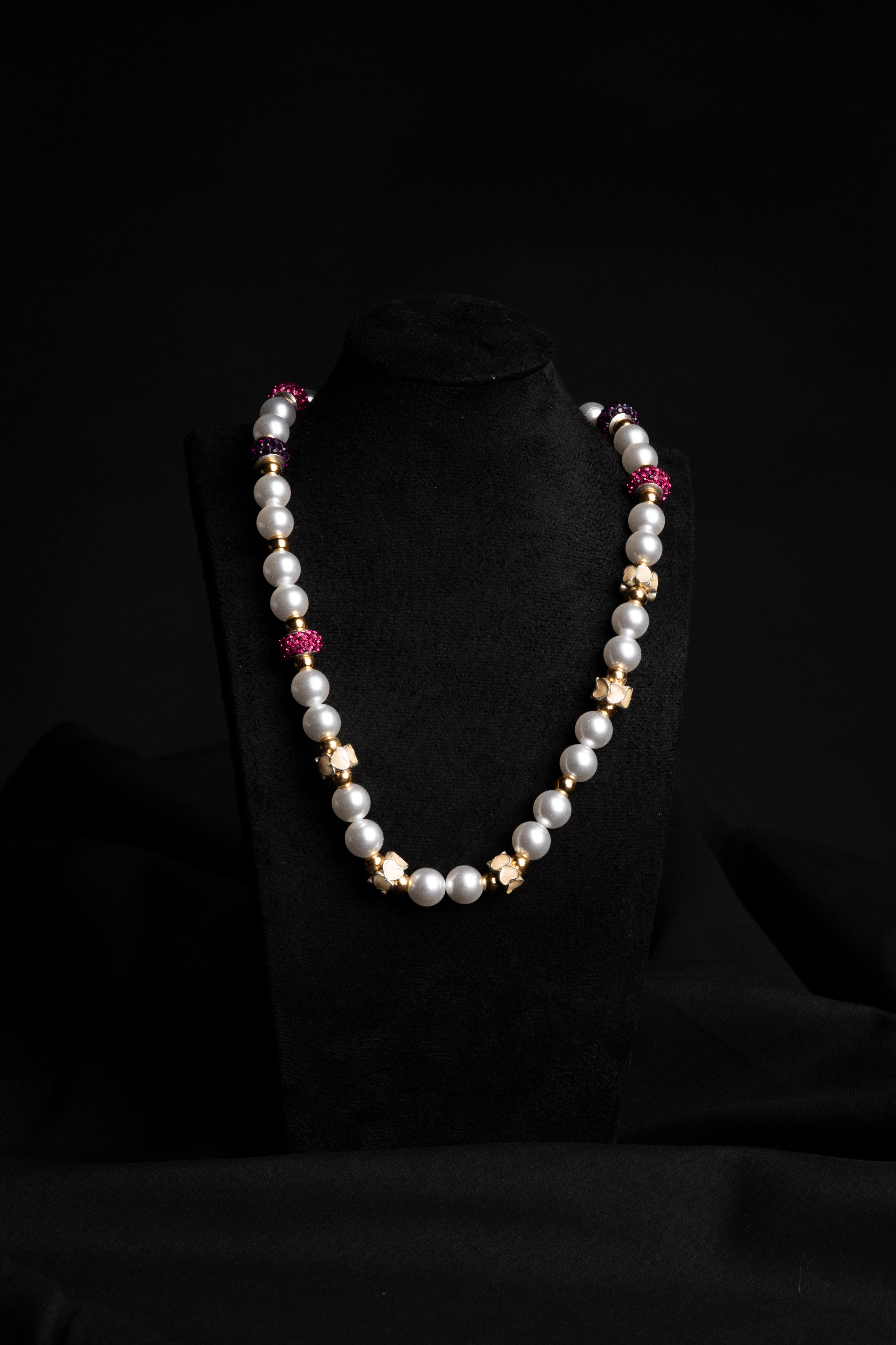 White Pearl, Red Zirconia & Beige Flower Necklace