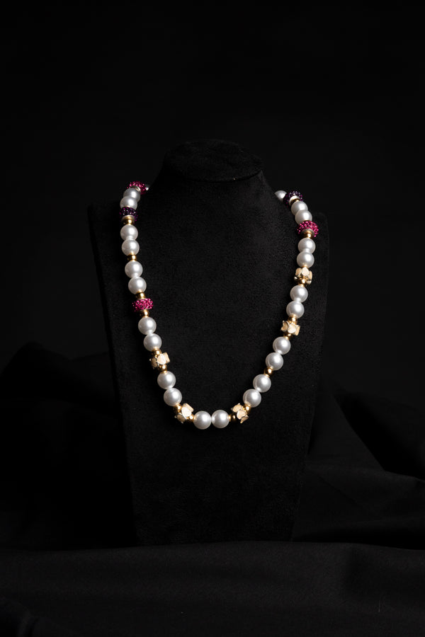 White Pearl, Red Zirconia & Beige Flower Necklace