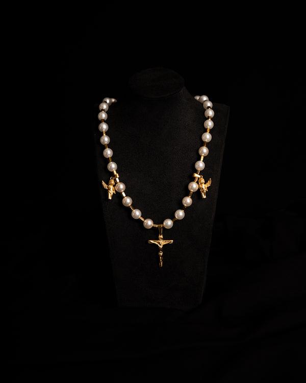 White Pearl Angel Cross Necklace