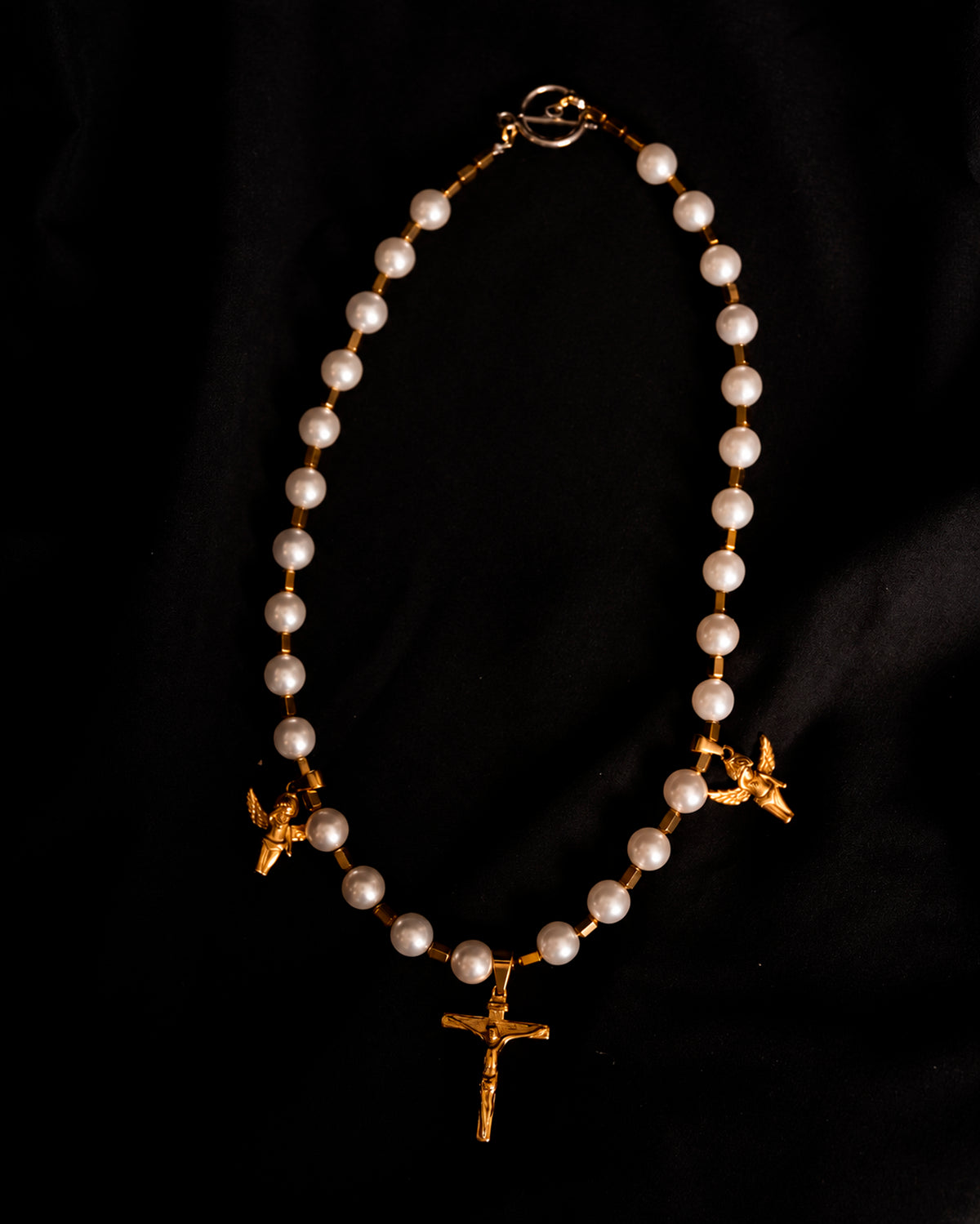White Pearl Angel Cross Necklace