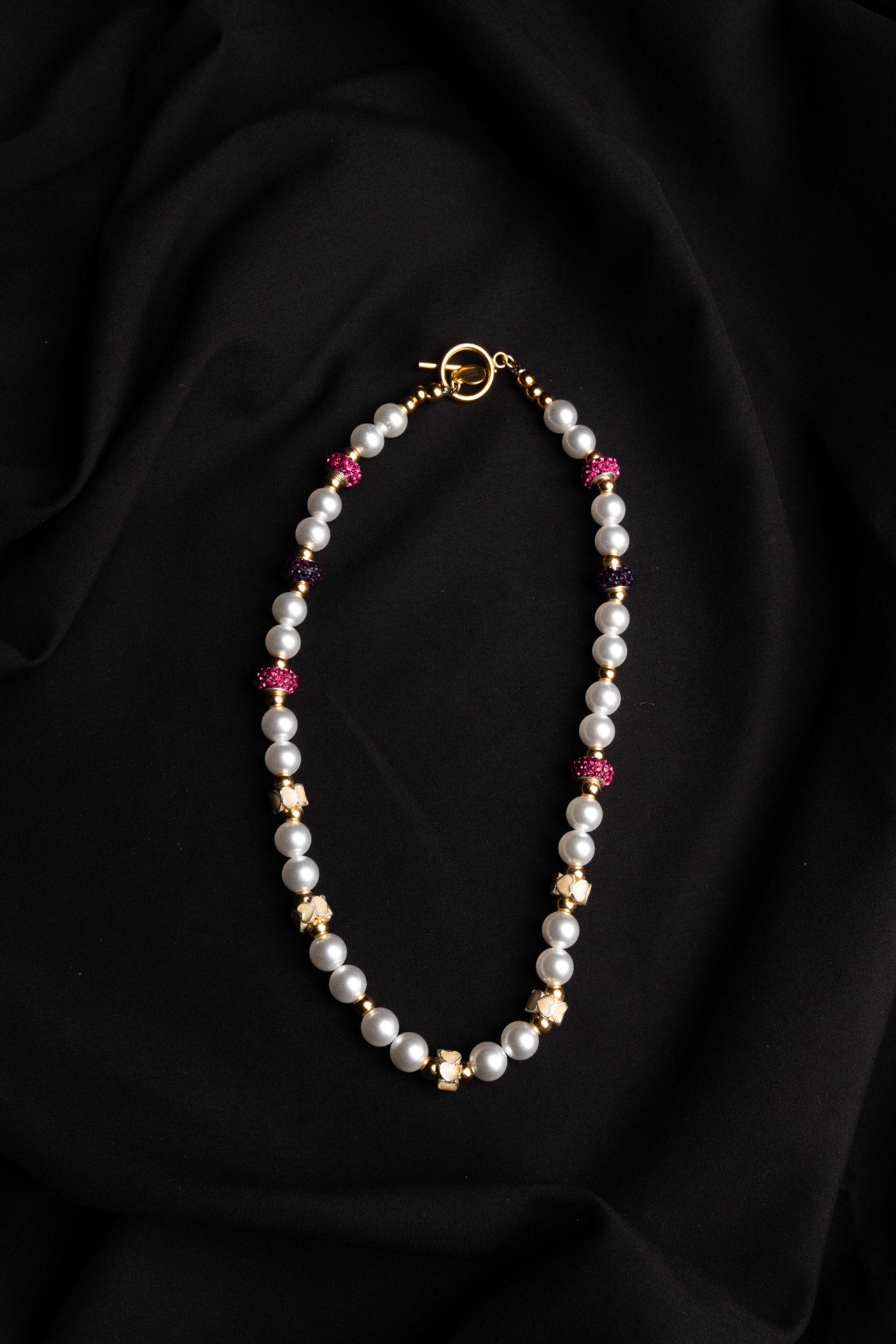 White Pearl, Red Zirconia & Beige Flower Necklace