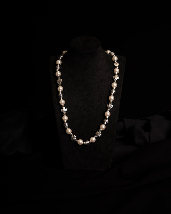 White Pearl & Cross Necklace