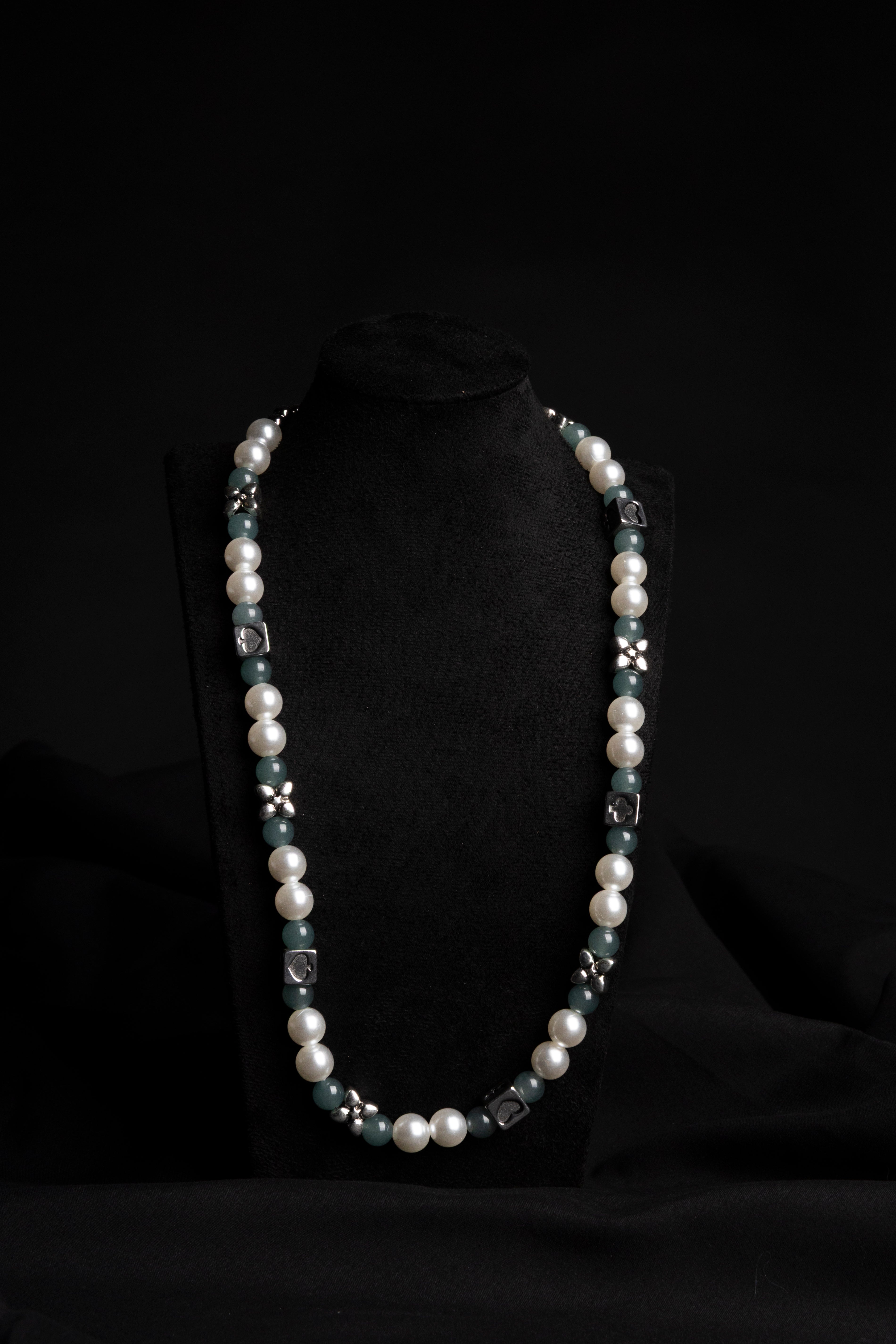 Pearl, Flower & Steel Dice Necklace