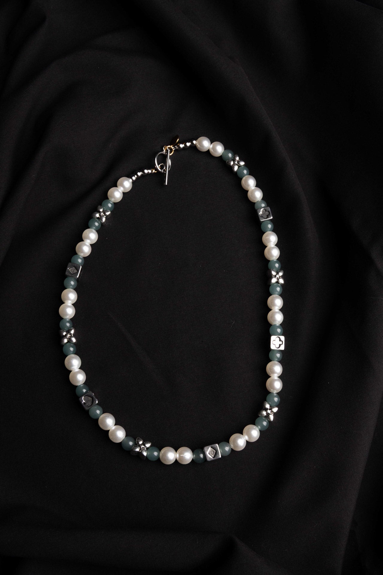 Pearl, Flower & Steel Dice Necklace