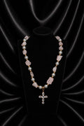 Celestial Cross Necklace — White Pearls, Gold Beads & Zirconia Cross