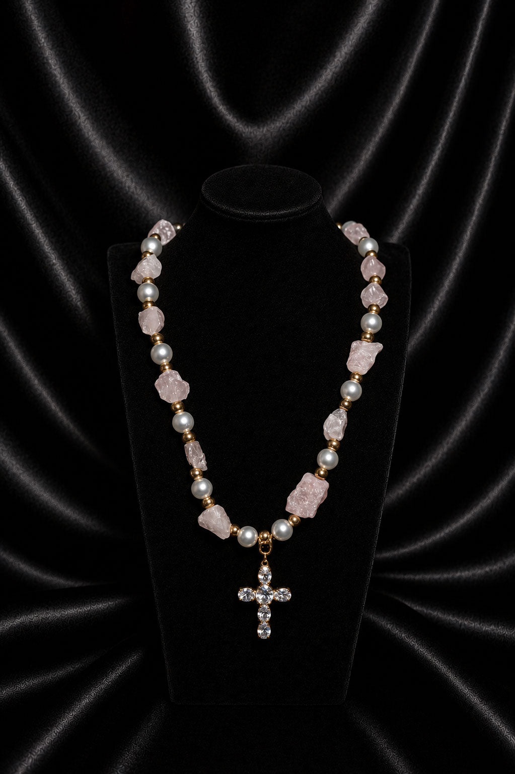 Celestial Cross Necklace — White Pearls, Gold Beads & Zirconia Cross