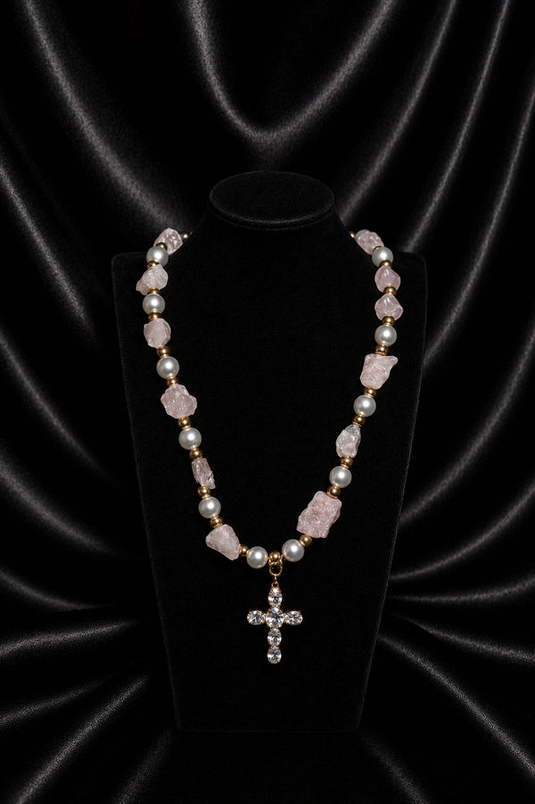 Celestial Cross Necklace — White Pearls, Gold Beads & Zirconia Cross