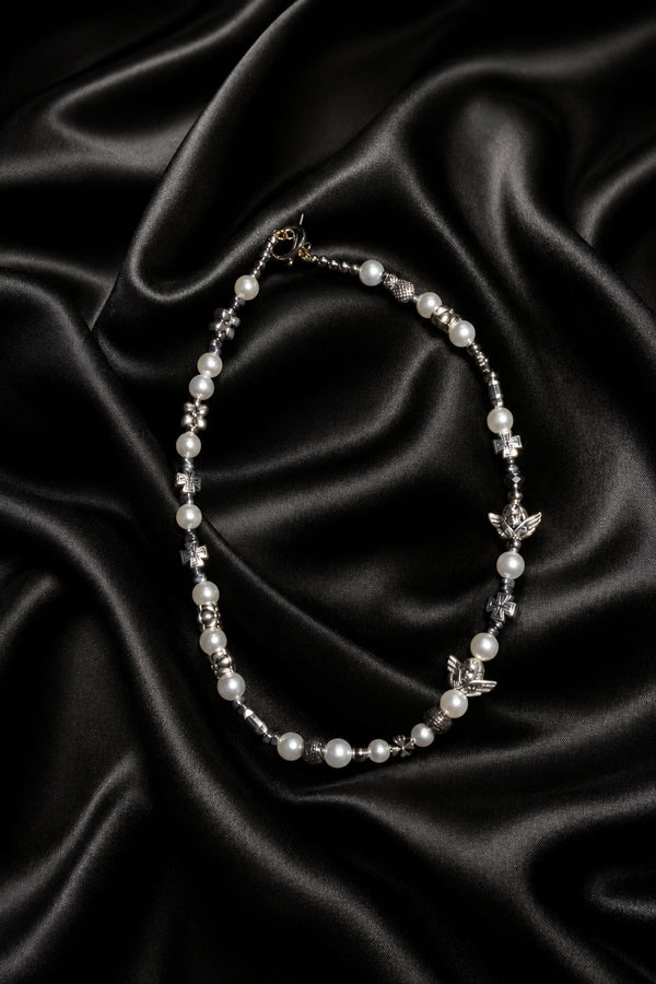 White Pearl & Angel Charm Necklace for Man