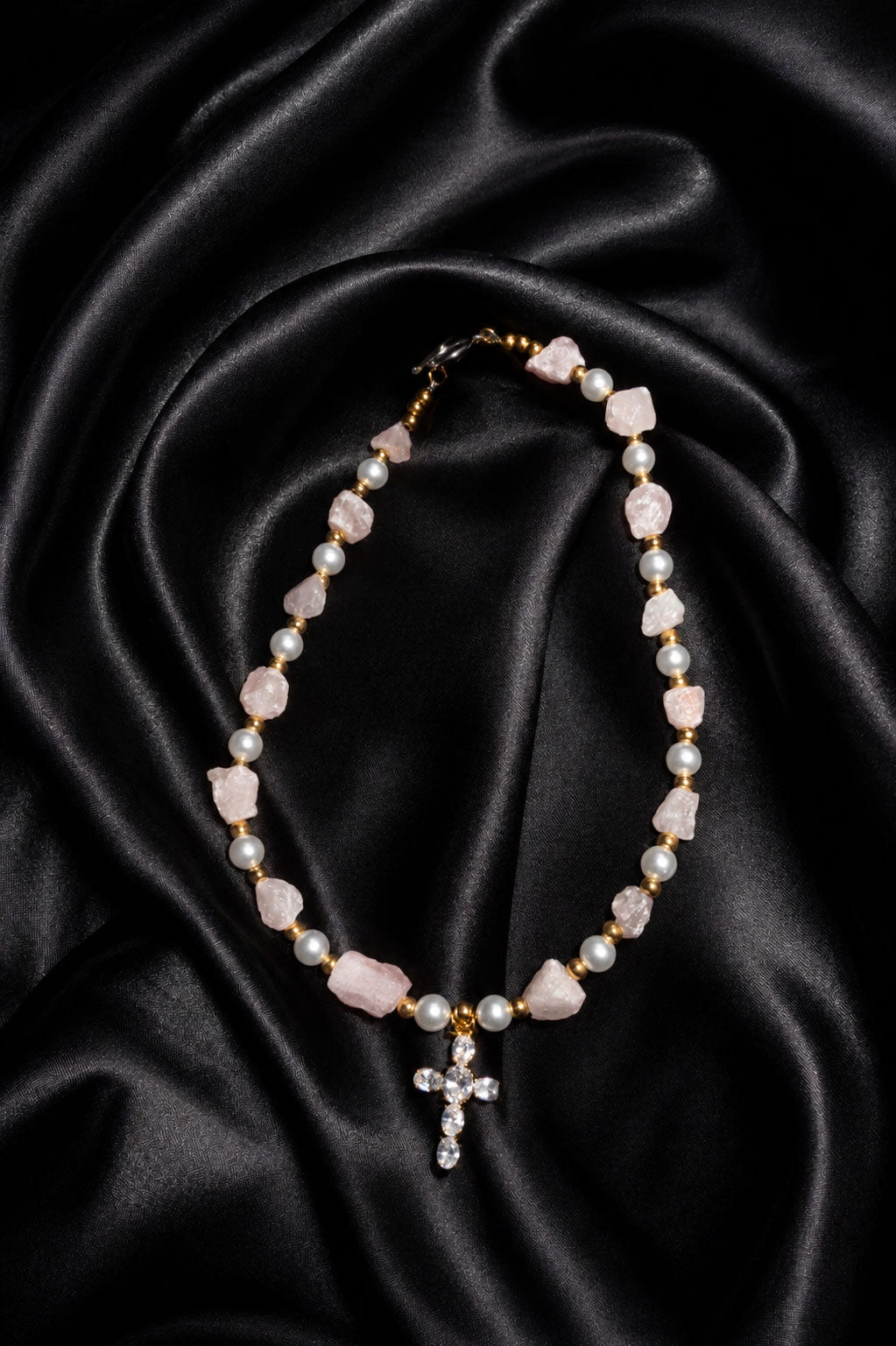 Celestial Cross Necklace — White Pearls, Gold Beads & Zirconia Cross